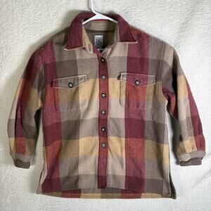 Field Gear Shacket Flannel Mens Medium Plaid Red Brown Wool Blend Camp Outdoor